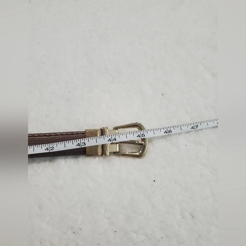 CALVIN KLEIN FANCY BROWN LEATHER THIN PANTS BELT GOLD‎ METAL SQUARE BUCKLE SZ L.